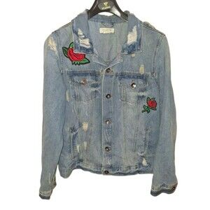 Ci Sono Red Rose Patch Women's Denim Jean Jacket Size Large